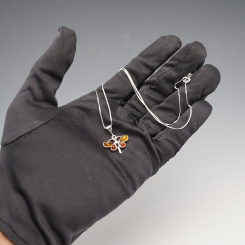 Vintage Sterling Silver & Amber Butterfly Pendant with Sterling Silver Chain