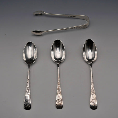 1899 Antique British Sterling Silver Tea Spoons (3) & Sugar Tongs Set, Total 76g by Gilmour&Watson