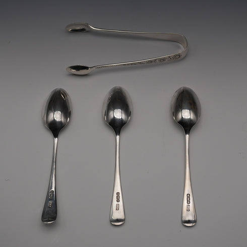 1899 Antique British Sterling Silver Tea Spoons (3) & Sugar Tongs Set, Total 76g by Gilmour&Watson
