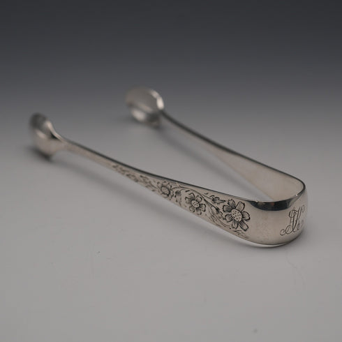 1899 Antique British Sterling Silver Tea Spoons (3) & Sugar Tongs Set, Total 76g by Gilmour&Watson