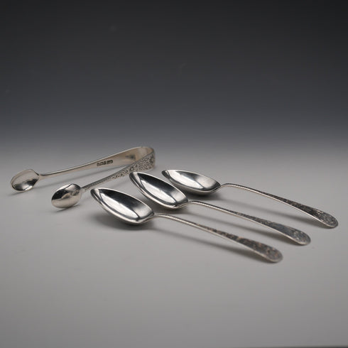 1899 Antique British Sterling Silver Tea Spoons (3) & Sugar Tongs Set, Total 76g by Gilmour&Watson