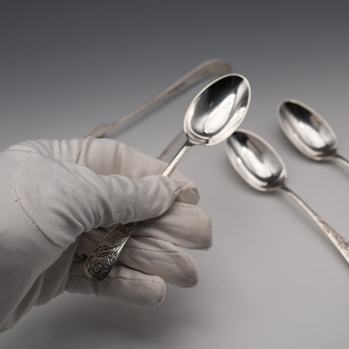 1899 Antique British Sterling Silver Tea Spoons (3) & Sugar Tongs Set, Total 76g by Gilmour&Watson
