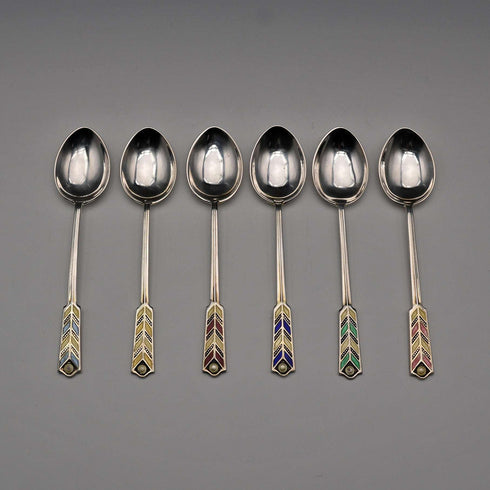 1958 English Vintage Sterling Silver Enamel Coffee Spoons, Set of 6, Total 61g, Turner & Simpson