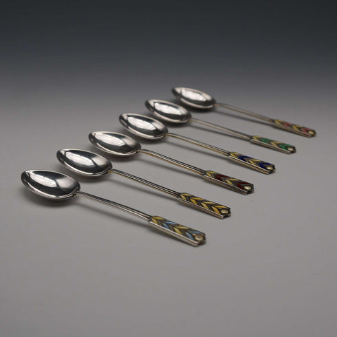 1958 English Vintage Sterling Silver Enamel Coffee Spoons, Set of 6, Total 61g, Turner & Simpson