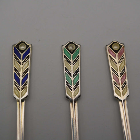 1958 English Vintage Sterling Silver Enamel Coffee Spoons, Set of 6, Total 61g, Turner & Simpson