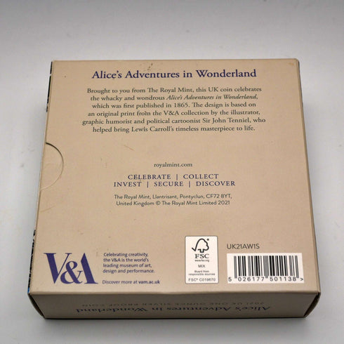 UK 2 Pound Commemorative Silver Coin "Alice in Wonderland" 1 Ounce Proof Silver Coin with Royal Mint Case and Certificate