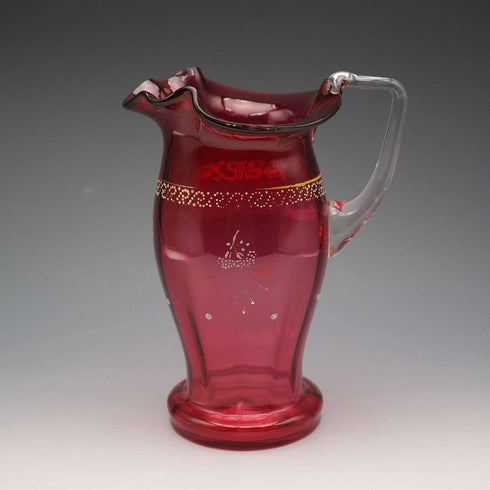 UK Vintage Victorian Cranberry Glass Enamel Decorated Jug