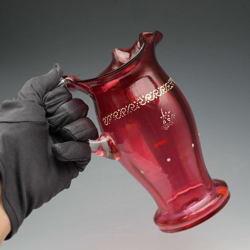 UK Vintage Victorian Cranberry Glass Enamel Decorated Jug