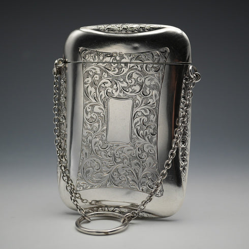 1916 English Antique Sterling Silver Card Case with Chain 71g Edwin Joseph Houlston