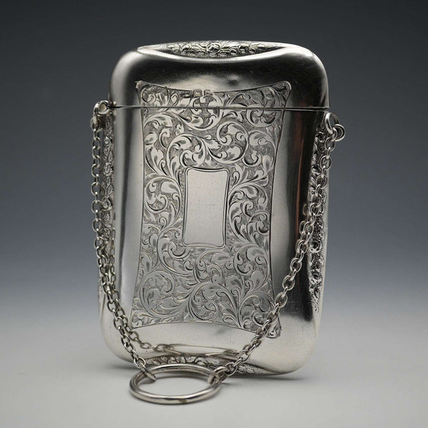1916 English Antique Sterling Silver Card Case with Chain 71g Edwin Joseph Houlston