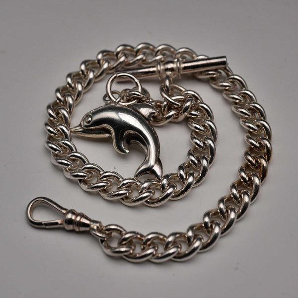 Vintage Silver-Plated Albert Chain with Dolphin Fob