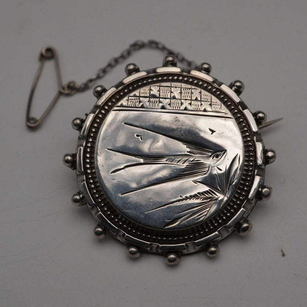 1893 English Antique Sterling Silver Hand-Engraved Swallow 2-Way Locket Brooch