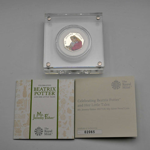 UK Beatrix Potter 150th Anniversary "Jeremy Fisher" 50p Proof Silver Coin with Royal Mint Case and Certificate 02065