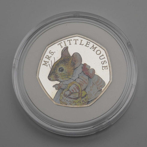 UK Beatrix Potter 150th Anniversary "Mrs. Tittlemouse" 50 Pence Commemorative Silver Coin Royal Mint with Case and Booklet 24619