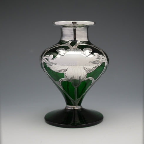 Antique Art Nouveau Silver Overlay Green Glass Vase