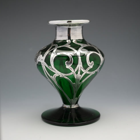 Antique Art Nouveau Silver Overlay Green Glass Vase