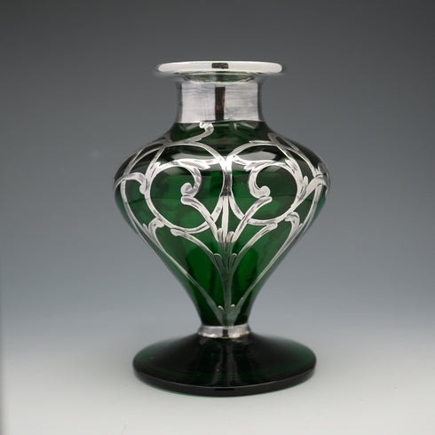 Antique Art Nouveau Silver Overlay Green Glass Vase