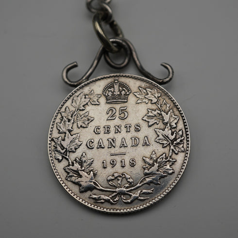 1893年 英國古董 純銀懷錶鍊 35克 加拿大25分銀幣墜飾