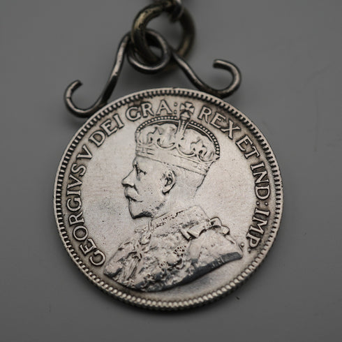 1893年 英國古董 純銀懷錶鍊 35克 加拿大25分銀幣墜飾
