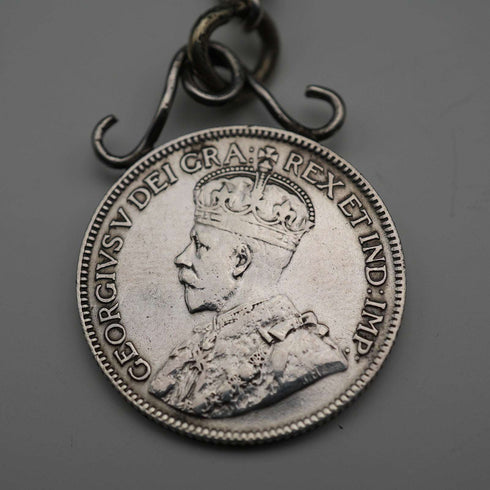1893年 英國古董 純銀懷錶鍊 35克 加拿大25分銀幣墜飾