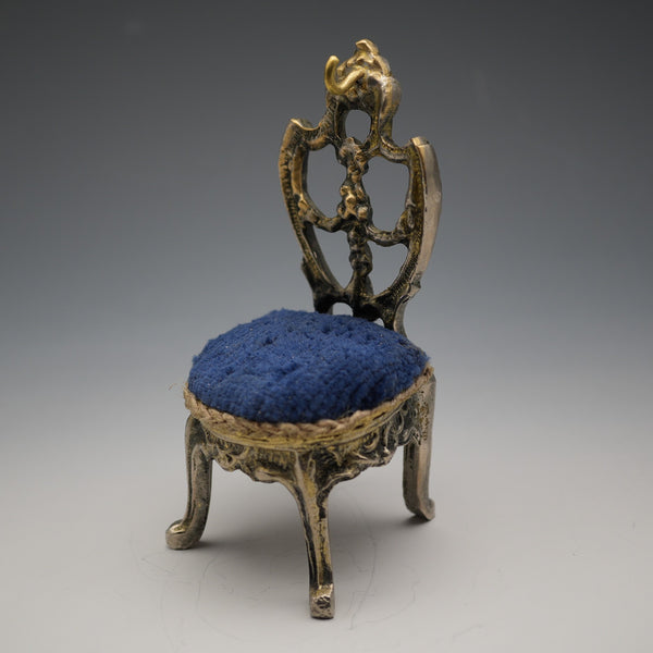 1920s Antique Brass Chair-Shaped Pocket Watch Holder with Navy Velour Seat