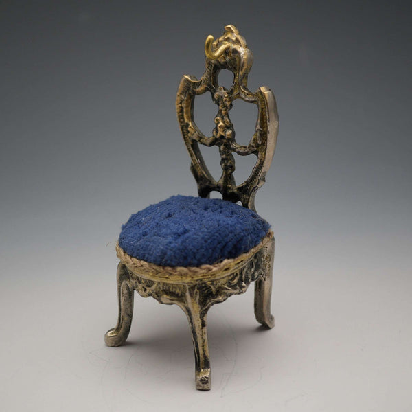 1920s Antique Brass Chair-Shaped Pocket Watch Holder with Navy Velour Seat