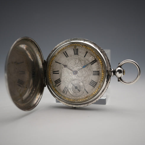 約1860年 英國古董 Joseph Johnson 鑰匙上鍊懷錶 銀質獵人式錶殼 運作良好