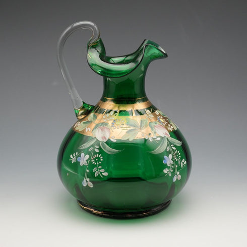 British Vintage Enamel-Decorated Green Glass Vase with Handle ②