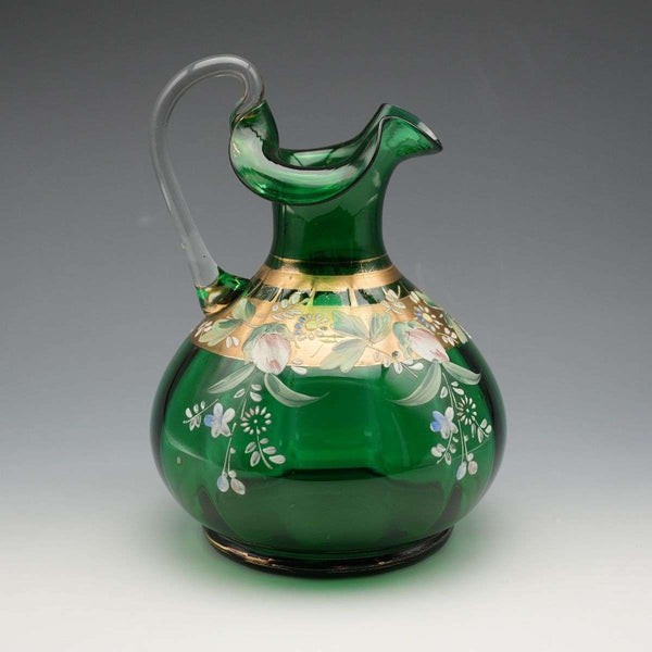 British Vintage Enamel-Decorated Green Glass Vase with Handle ②