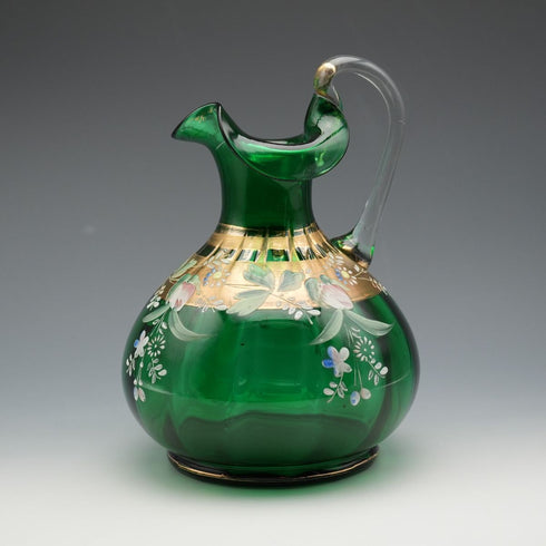 British Vintage Enamel-Decorated Green Glass Vase with Handle ②