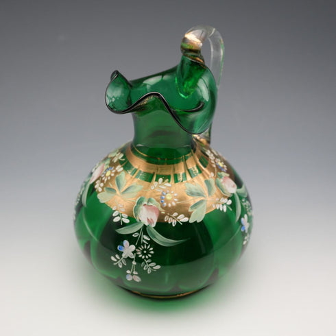 British Vintage Enamel-Decorated Green Glass Vase with Handle ②