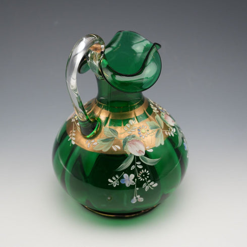 British Vintage Enamel-Decorated Green Glass Vase with Handle ②