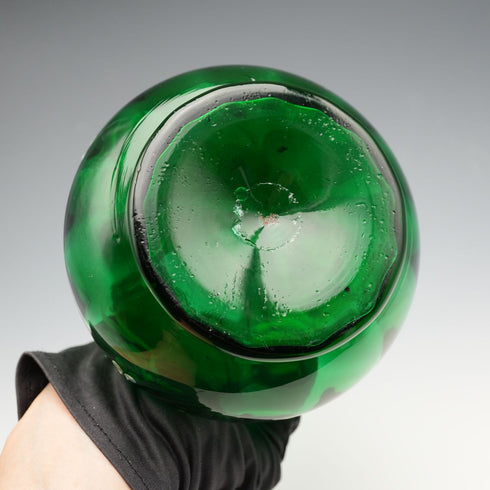 British Vintage Enamel-Decorated Green Glass Vase with Handle ②