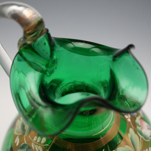 British Vintage Enamel-Decorated Green Glass Vase with Handle ②