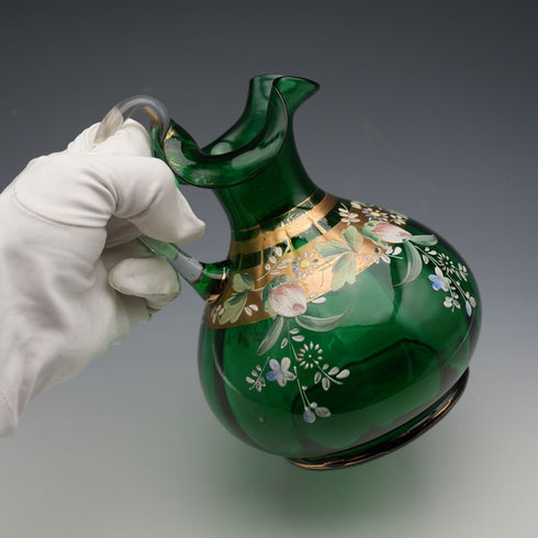 British Vintage Enamel-Decorated Green Glass Vase with Handle ②