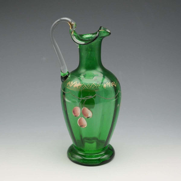 British Vintage Enamel-Decorated Green Glass Vase with Handle ①