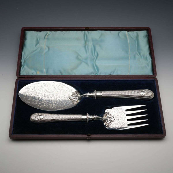 1876 English Antique Silver-Plate Fish Serving Cutlery by Atkin Brothers, Cased