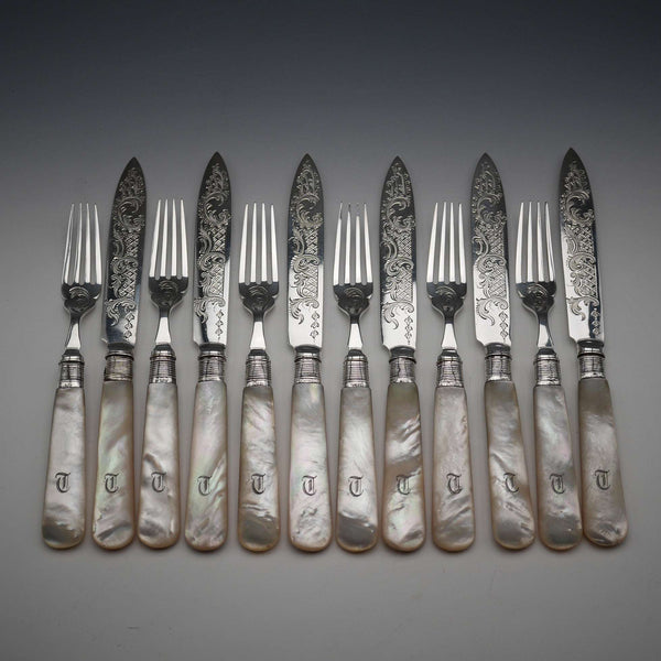 Circa 1899 British Antique Mother-of-Pearl Handle Dessert Cutlery Set for 6, Sterling Silver Accents, Some Damage