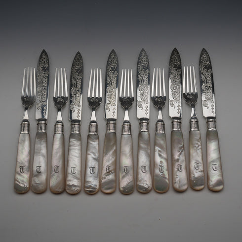 約1899年 英國古董 白蝶貝柄甜點餐具六對 純銀裝飾