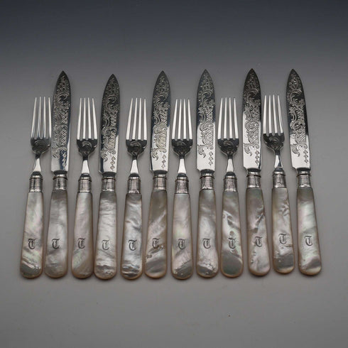 約1899年 英國古董 白蝶貝柄甜點餐具六對 純銀裝飾