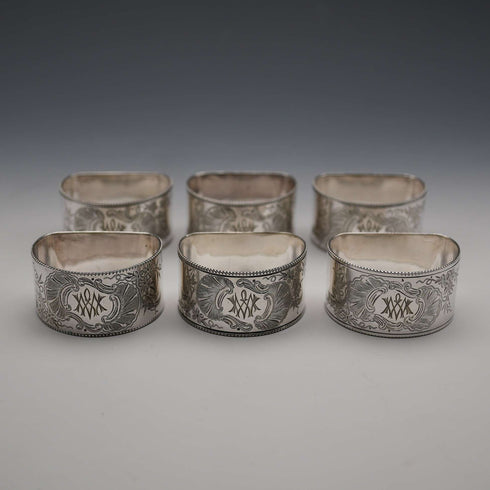 Antique British silver plate napkin rings, set of 6