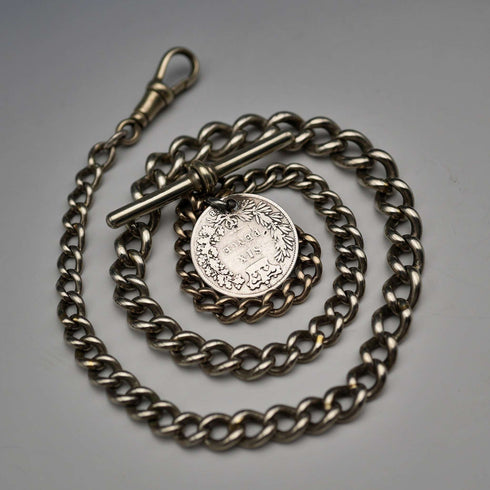 UK Antique Silver Plated Albert Chain with 1838 Sixpence Silver Fob