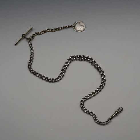 UK Antique Silver Plated Albert Chain with 1838 Sixpence Silver Fob