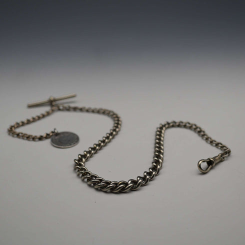 UK Antique Silver Plated Albert Chain with 1838 Sixpence Silver Fob