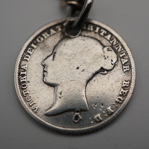 英國古董鍍銀阿爾伯特鍊 1838年6便士銀幣墜飾