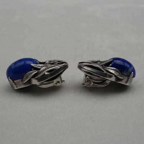 Vintage Silver and Lapis Lazuli Botanical Design Clip-On Earrings