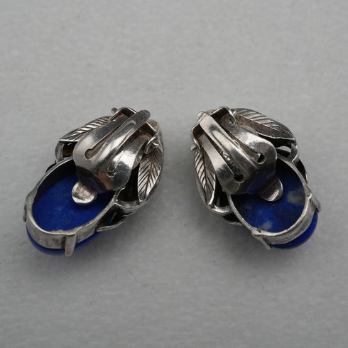 Vintage Silver and Lapis Lazuli Botanical Design Clip-On Earrings