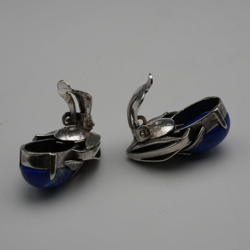 Vintage Silver and Lapis Lazuli Botanical Design Clip-On Earrings