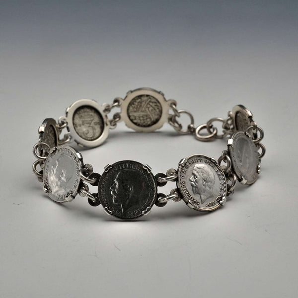 British Vintage Sterling Silver & 3 Pence Coin Bracelet 20g
