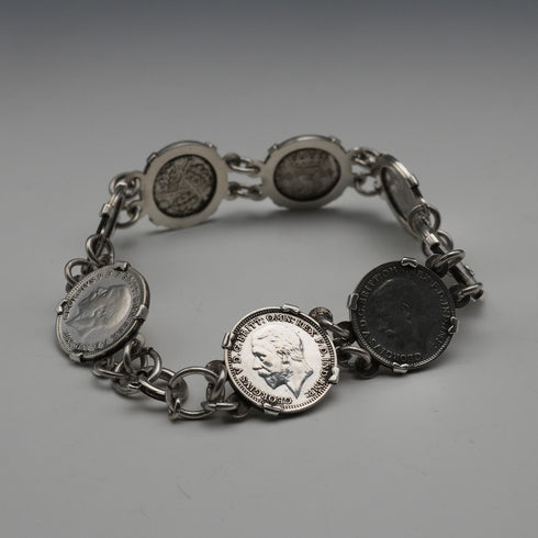 British Vintage Sterling Silver & 3 Pence Coin Bracelet 20g